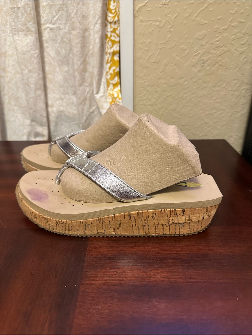 Volatile Beige Cork Wedge Mules with Silver Thong Strap